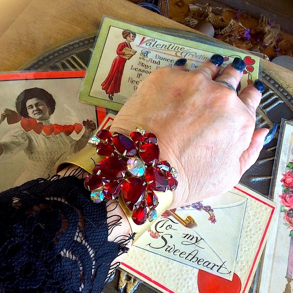 Gorgeous Red Jewel UpCycled Holiday Artisan Crystal Brass Cuff Bracelet - Picture 5 of 8